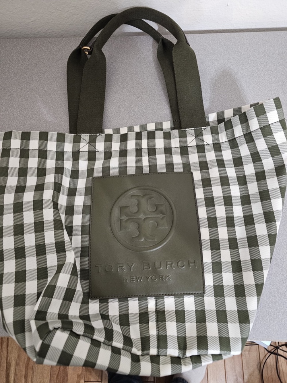 Tory Burch Olive and White Gingham Tote with Embossed Logo